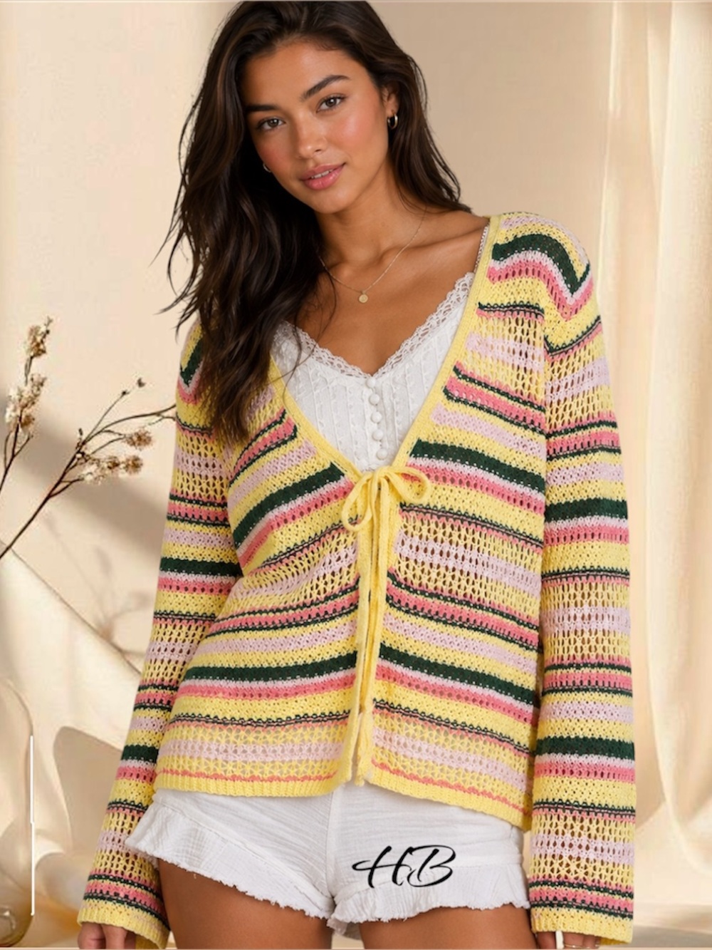 POL Pineapple Pink Crochet Knit Cardigan Tassel Tie Boho Open Front Sweater
